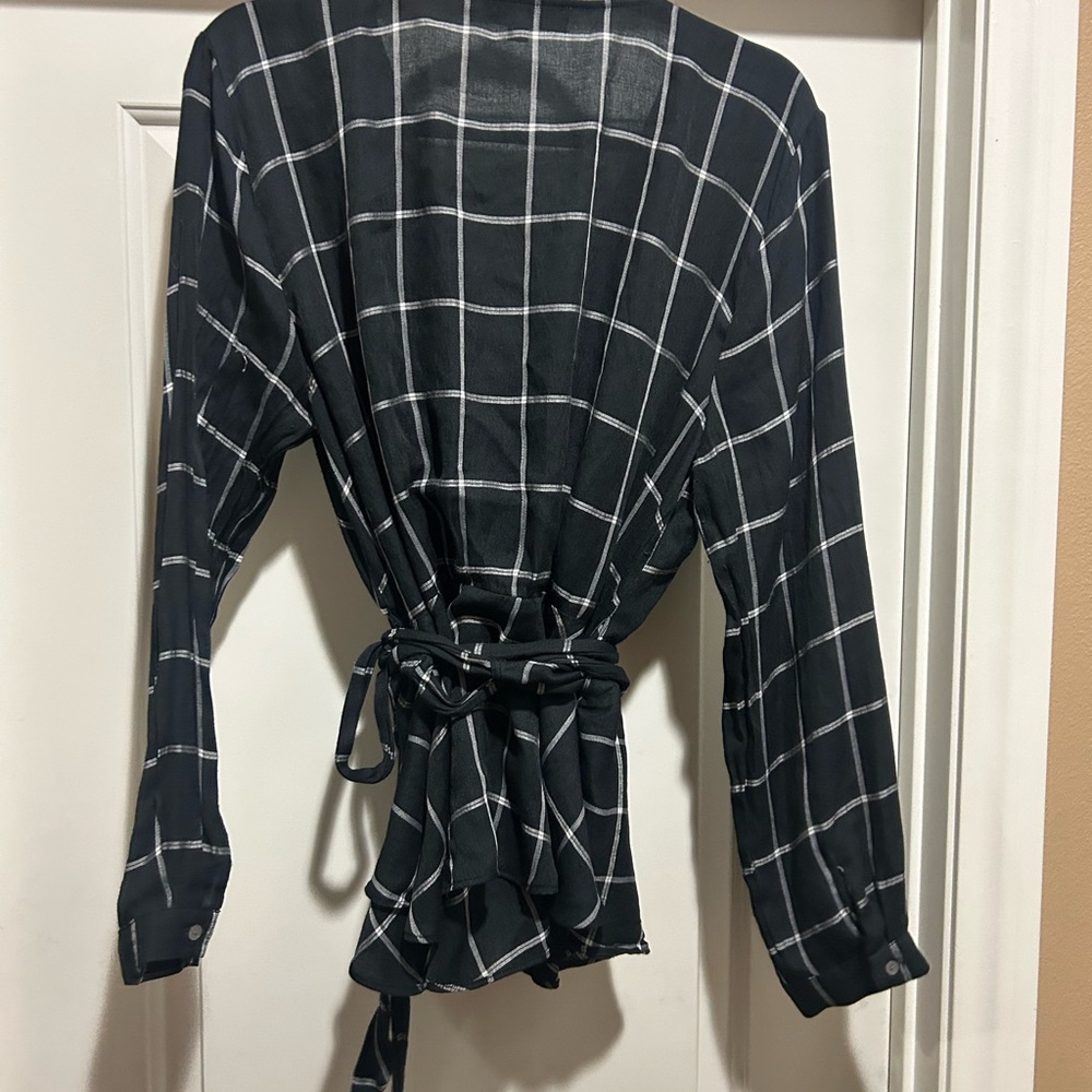 LOFT Plaid Wrap Blouse in Black and White - Picture 2 of 5